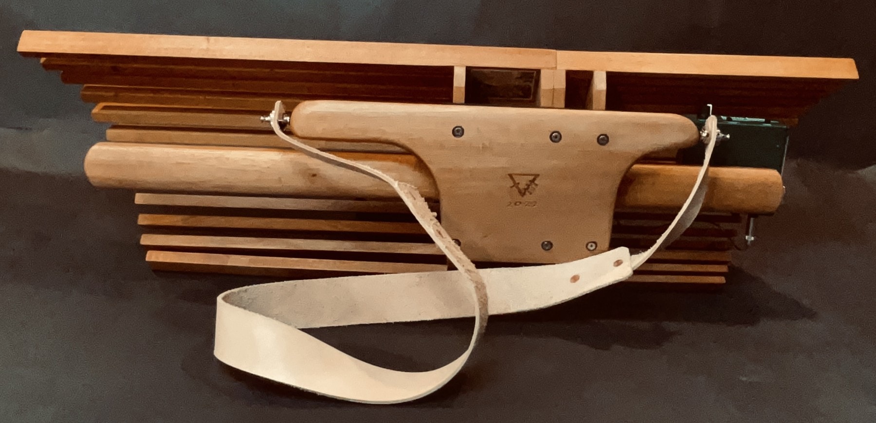 Mahogany 2022 back view showing body, leather strap, and Barcus Berry preamp