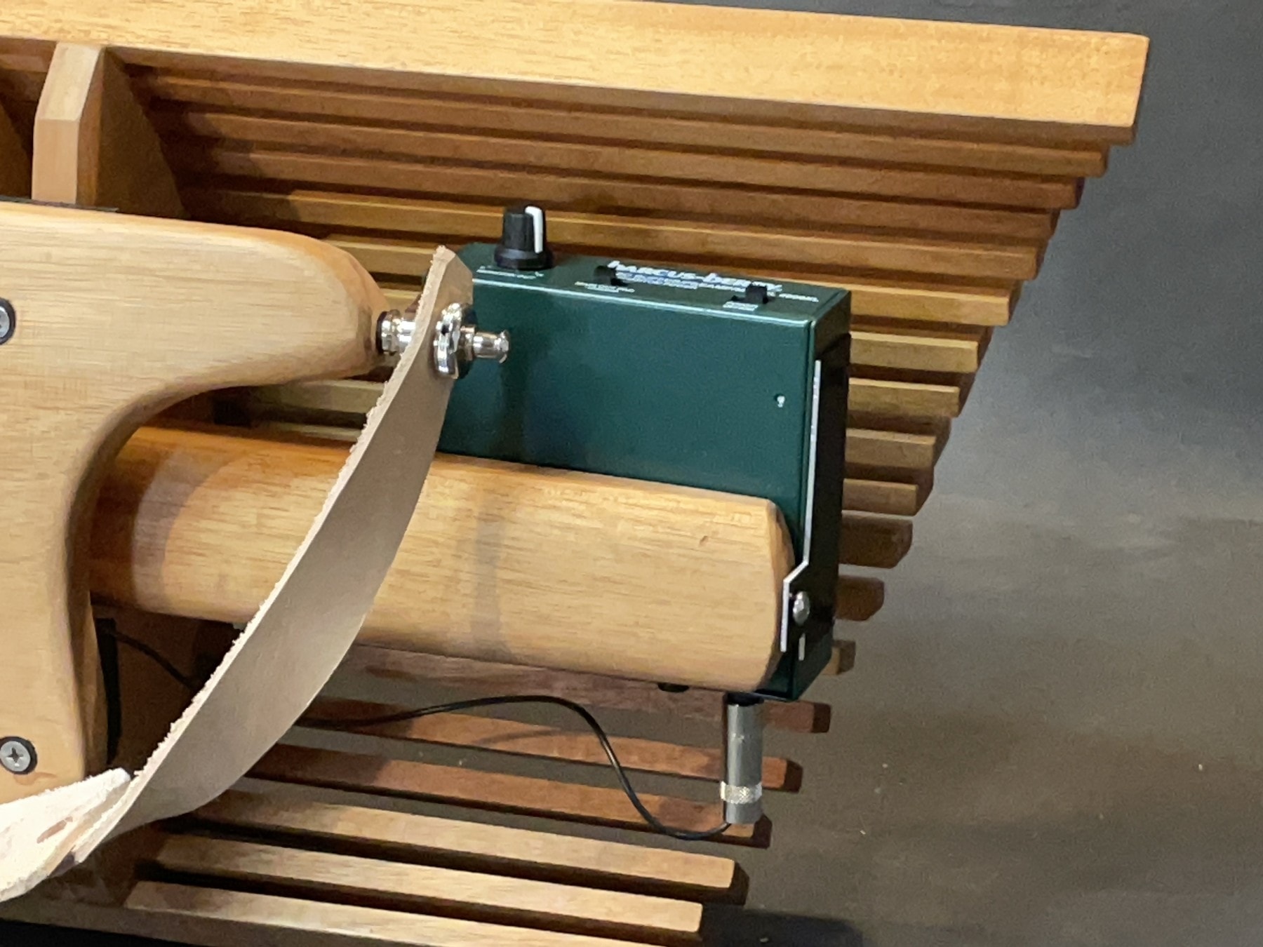Close-up of Barcus Berry preamp unit mounted on the Mahogany 2022